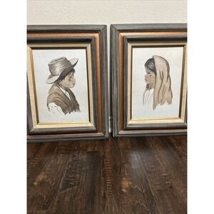 VTG Framed Art Mexican Boy & Girl by Artist Ruiz. Matted Ornate Frames Set of 2